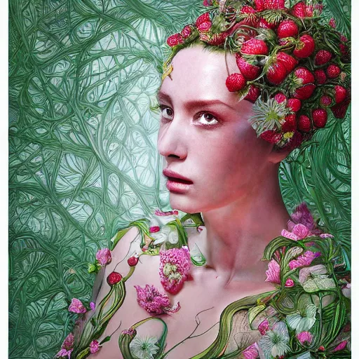 Image similar to the portrait of an absurdly beautiful, graceful, elegant, sophisticated, chaste woman made of strawberries and green petals looking up, an ultrafine hyperdetailed illustration by kim jung gi, irakli nadar, intricate linework, bright colors, octopath traveler, final fantasy, unreal engine 5 highly rendered, global illumination, radiant light, detailed and intricate environment