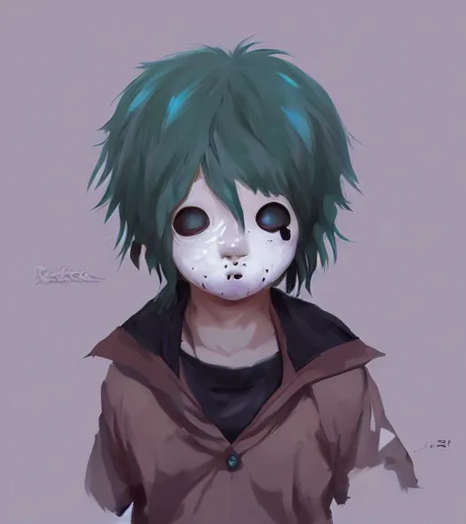 Image similar to beautiful little boy anime character inspired by jason voorhees, art by rossdraws, wlop, ilya kuvshinov, artgem lau, sakimichan and makoto shinkai, concept art, anatomically correct, extremely coherent, realistic, mask, smooth, hd, 8 0 s haircut