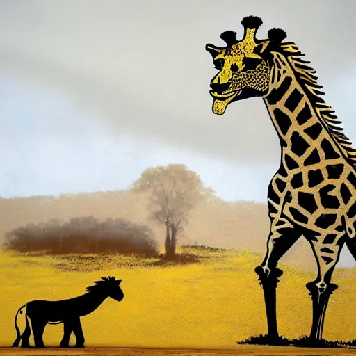 Prompt: a giraffe and a lion painting by banksy, graffiti art.