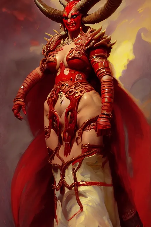 Image similar to painted close - up portrait of a very attractive red - skinned intimidating demon alien queen with ram horns! oil painting, wearing a noblewoman's outfit, fantasy art by john singer sargent and gaston bussiere and james jean and greg rutkowski, demon noble character design, hd