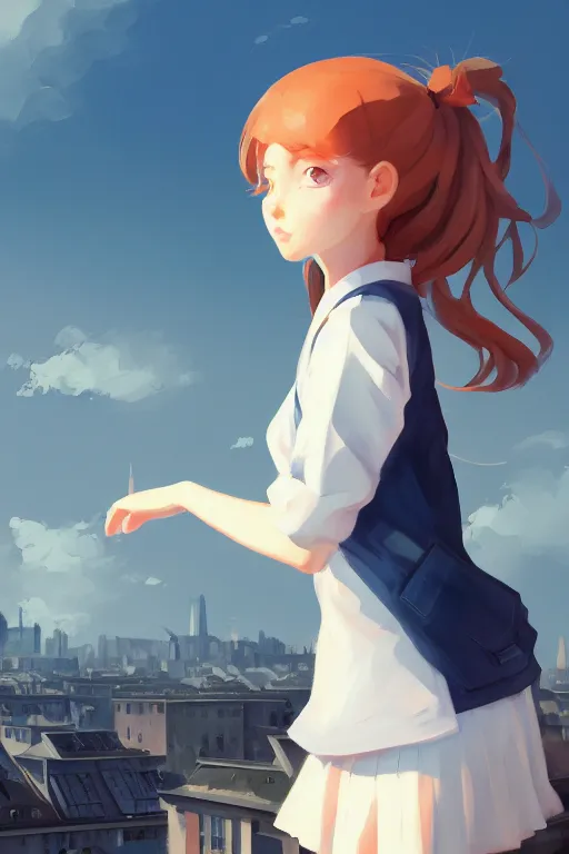 Prompt: gouache of a cute girl wearing school uniform standing on the edge of the roof of a tall building, delicate face, 8 k wallpaper, strong brush stroke, very high detailed, sharp focus, illustration, morandi color scheme, art station, by krenz cushart