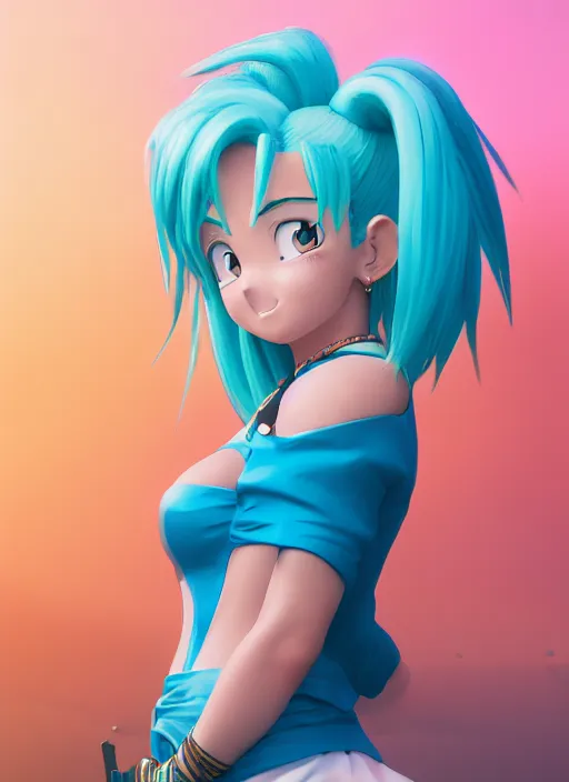 Prompt: portrait of bulma with turquoise hair, big brown eyes, and a blue dress, intricate jewelry, genshin impact, realistic anime, sharp focus, octane render, trending on artstation, 8k