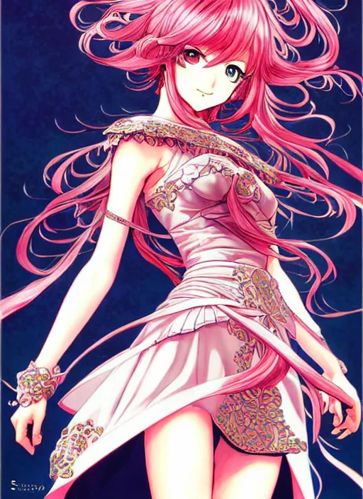 Image similar to exquisite imaginative fate manga poster of princess, long wavy hair, armor, ruffles, by shigenori soejima, minaba hideo, katsuhiro otomo, jump comics, fluorescent, illustration, artstation, dark fantastic, highly detailed, 8 k, maximalist