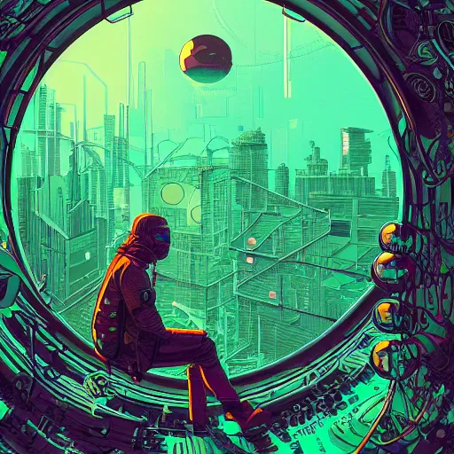 Image similar to Stunningly intricate illustration of single cyberpunk explorer overlooking lush forest, highly detailed, midnight, small glowing orbs by Josan Gonzalez and James Gilleard , Moebius, Laurie Greasley