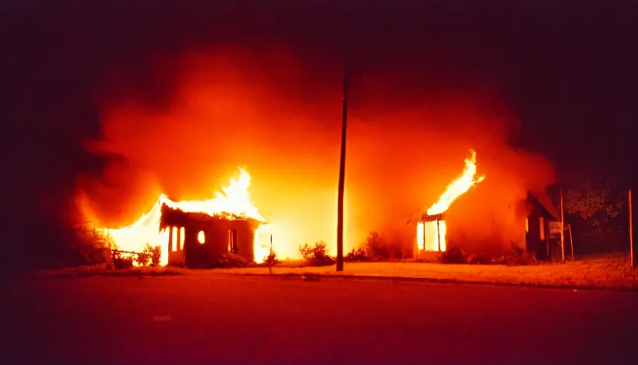 Prompt: 1 9 7 0 s movie still of a burning french style little house in a small northern french village by night in autumn, cinestill 8 0 0 t 3 5 mm, heavy grain, high quality, high detail, dramatic light, anamorphic, flares