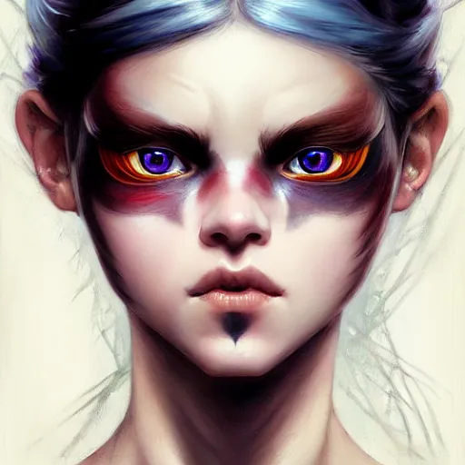 Image similar to portrait of the young ninja girl with heterochromia, d & d, left eye is blue and right eye is red, blond hair, face, dark fantasy, intricate, elegant, highly detailed, digital painting, artstation, concept art, smooth, sharp focus, illustration, art by artgerm and greg rutkowski and alphonse mucha