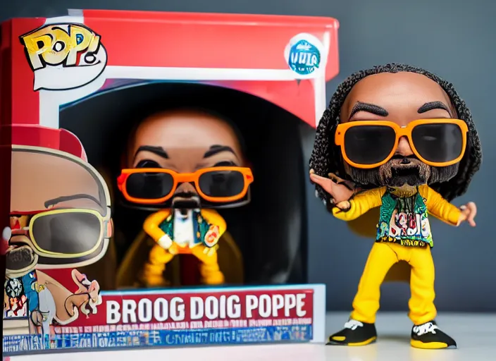 Image similar to product still of Snoop Dogg funko pop with box, 85mm f1.8