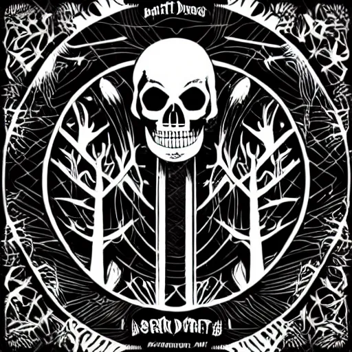 Image similar to dark death metal themed vector illustration for a record label, trees. forest, spikes, skull, microphone, skull, award winning, grunge, iconic, golden ratio