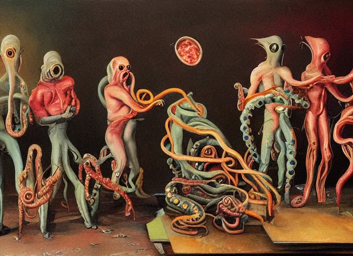 Prompt: a group of people standing around a cardboard box full of tentacled alien babies, an ultrafine detailed painting by john philip falter, shutterstock, american scene painting