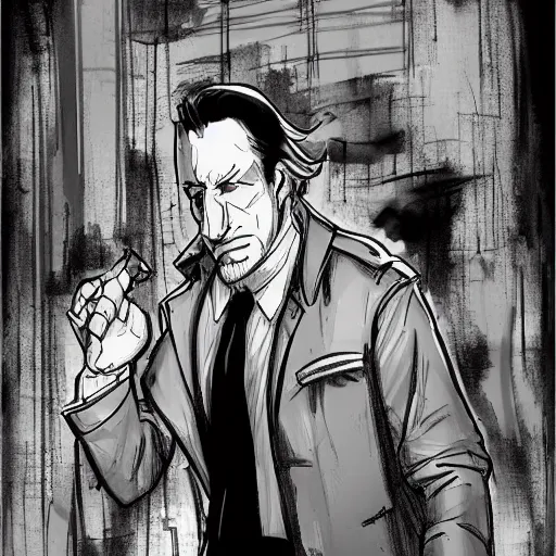 Prompt: a haggard detective in a trenchcoat scanning a crimescene, sketchy artstyle, digital art, dramatic, thick lines, rough lines, line art, cinematic, trending on artstation