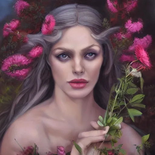 Prompt: a beautiful oil painting of Circe the witch picking up flowers, detailled, HD, realistic, beautiful eyes