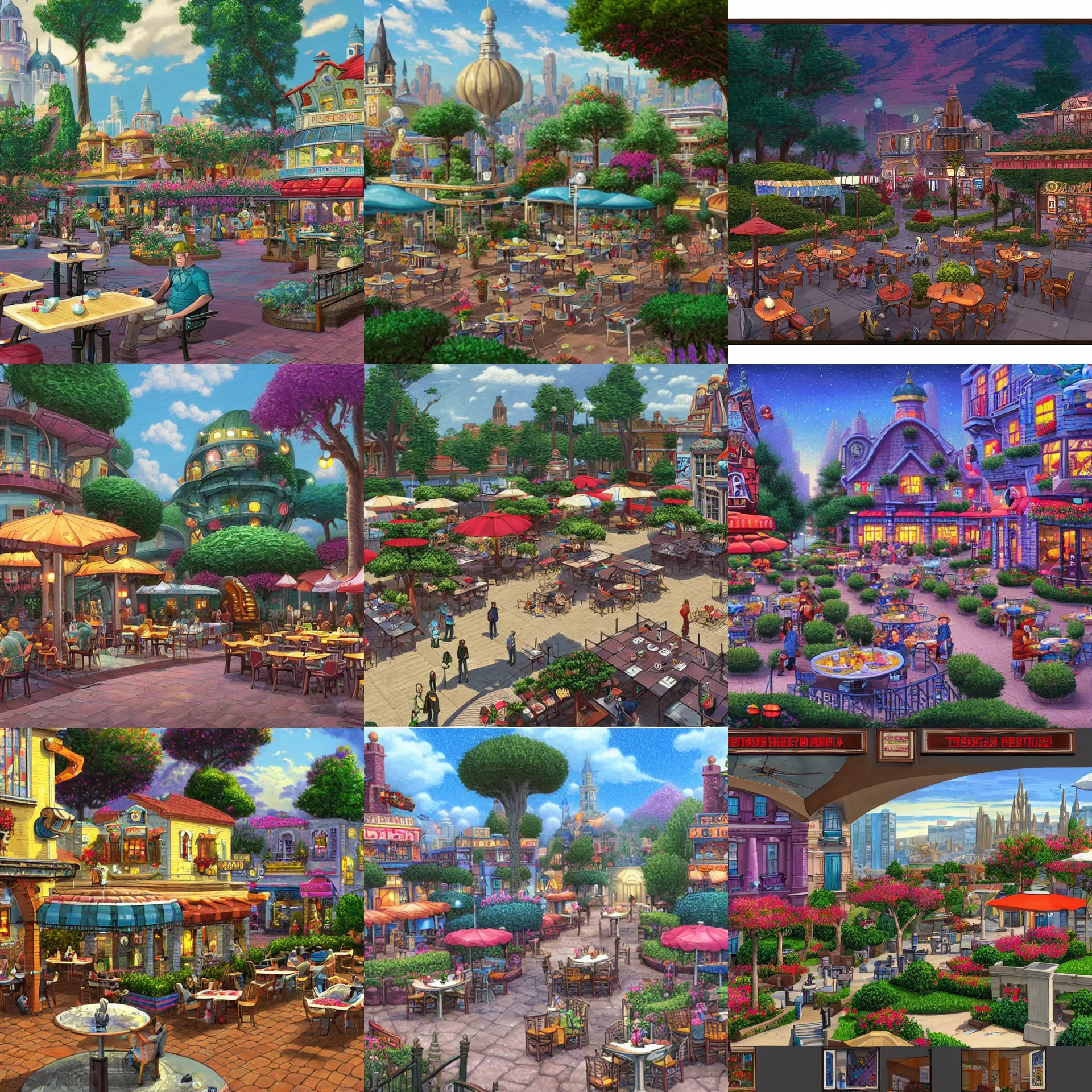 Prompt: a plaza area with restaurant seating at the side, on a spaceship from a lucasarts point and click 2 d graphic adventure game, art inspired by thomas kinkade