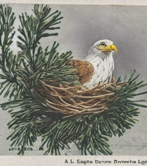 Prompt: tattered postcard of 'an eagle in the nest of a snowy pine tree'