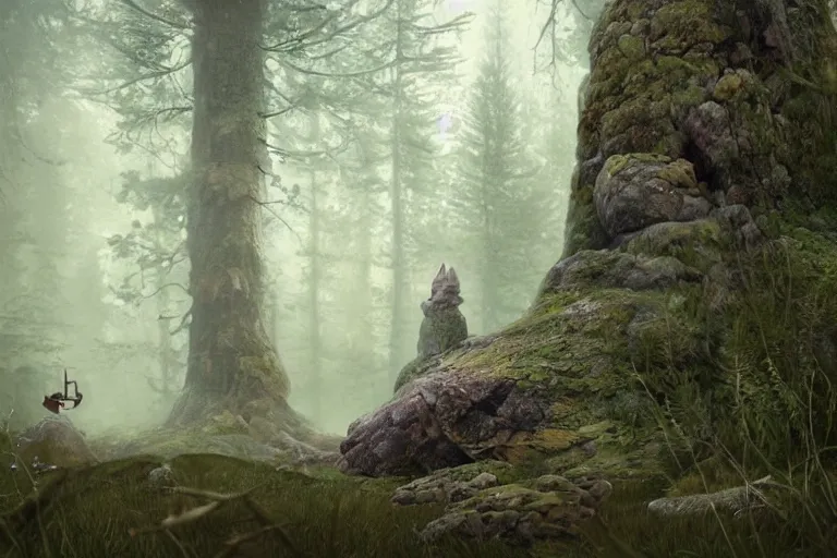 Prompt: huge troll in a swedish forest, very low angle photograph, very detailed, some rocks, trending on artstation, realistic, soft colors, illustration by john bauer, simon stålenhag