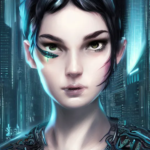 Image similar to teen elf, cyberpunk, black hair, gorgeous, amazing, elegant, intricate, highly detailed, digital painting, artstation, concept art, sharp focus, illustration, art by ross tran