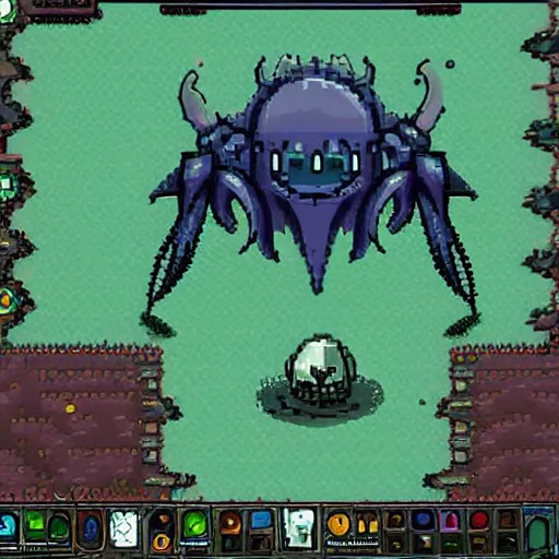 Image similar to Eye of Cthulhu from Terraria appearing as a Hollow Knight boss