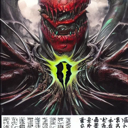Image similar to japanese magazine covers, monster energy, by peter andrew jones, by hr giger, hd, hyper detailed, 4 k