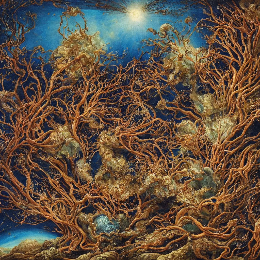 Image similar to beautiful and artistic mycelium on a fantastic planet and unusual inhabitants of the oceans, highly detailed, Allegorical Painting, Archean