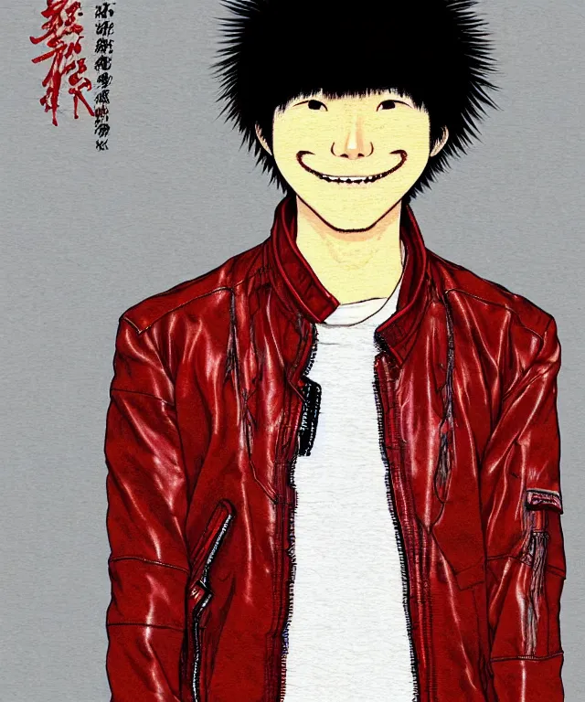 Image similar to a half - body portrait of a happy teenage japanese man, his hair is messy and unkempt, he is wearing an embroidered red leather jacket, dynamic background, a masterful illustration by otomo katsuhiro and terada katsuya and kim jung gi!!, realistic proportions!!, correct anatomy!!, high camera angle!!