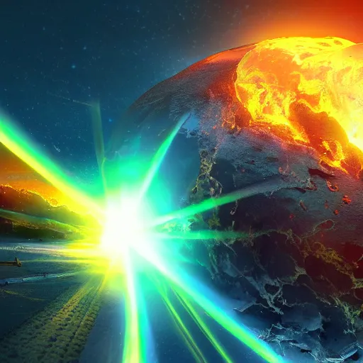 Prompt: Concept art for the earth exploding. Trending on art station, bright colors, lens flare.