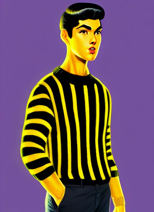 Image similar to portrait of young reggie mantle, mean smirk, egotistical, slicked back hair, striped yellow and black sweater, 1 9 5 0 s, intricate, elegant, glowing lights, highly detailed, digital painting, artstation, concept art, smooth, sharp focus, illustration, art by wlop, mars ravelo and greg rutkowski