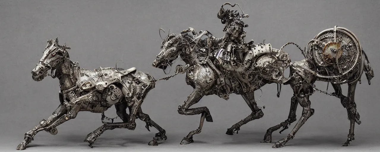 Prompt: steampunk concrete figurine rearing horse designed by h. r. giger, architecture, painted by moebius, jean - michel charlier, oil painting, extremely detailed faces, intricate linework, smooth, super sharp focus, colorful, high contrast, matte