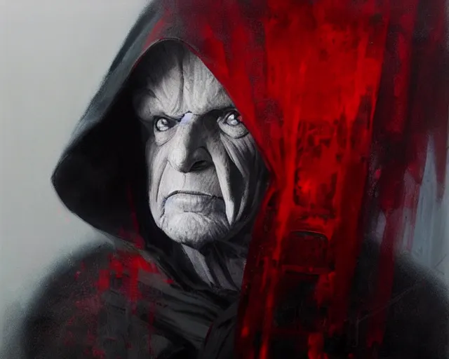 Image similar to portrait of emperor palpatine sidious ian mcdiarmid with a big hood in shades of grey but with red by jeremy mann