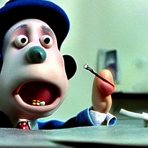 Prompt: Wallace smoking crack from a crack pipe in a still from the short movie A Grand Day Out (1989), Wallace and Gromit, Aardman Animations, claymation, 4k, high quality