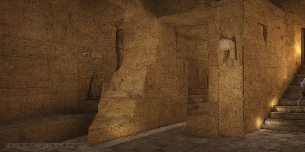 Prompt: A Egyptian Archeologist walking down a staircase into a dark Ancient decorated Egyptian Sandstone tomb, retrofuturism, texture, volumetric lighting, high details,