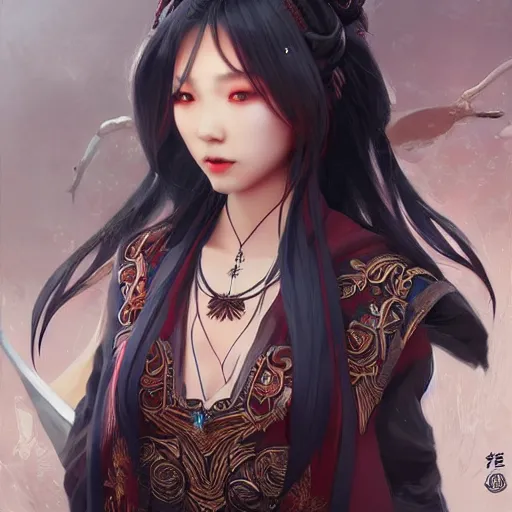 Image similar to charming character yae miko from video game genshin impact full body, dark aesthetic, intricate, elegant, sharp focus, illustration, highly detailed, digital painting, concept art, matte, art by wlop and artgerm and greg rutkowski and ross tran, masterpiece