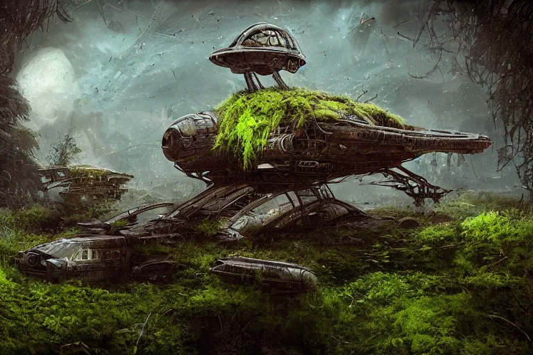 Image similar to derelict spaceship on an alien world, hyper detailed, overgrown with moss, rusty metal, cinematic lighting