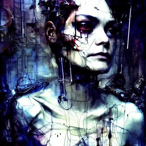 Prompt: shannyn sossamon as a beautiful cyborg, wires, skulls!! machines ( by emil melmoth zdzislaw belsinki craig mullins yoji shinkawa ) realistic render ominous detailed photo atmospheric by jeremy mann francis bacon and agnes cecile ink drips paint smears!! digital glitches glitchart!!