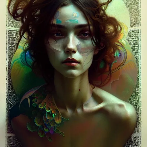 Image similar to An extremely psychedelic portrait, surreal, LSD, face, detailed, intricate, elegant, lithe, highly detailed, digital painting, artstation, concept art, smooth, sharp focus, illustration, art by Krenz Cushart and Artem Demura and alphonse mucha