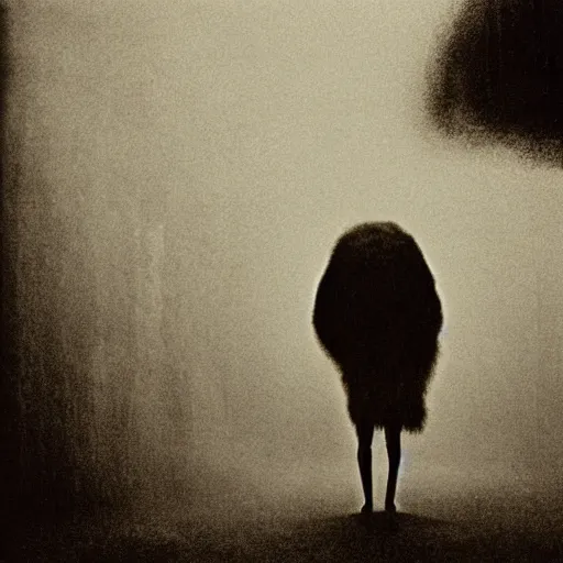 Prompt: bad quality vintage snap photography of realistic walking faceless beast-god with many long arms, a huge body covered with deep furs by Zdzisław Beksiński, odd eye, dark fantasy, fat, noiz, unbalanced , blur, haze, fog, vignetting, platinum printing