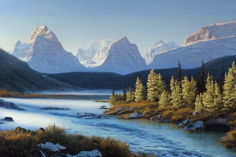 Image similar to an epic landscape painting of the three sisters mountains in canada, with snow on its peak, at sunrise in springtime, with the bow river in the foreground, painted by x, atmospheric, volumetric lighting, rolling fog, breathtaking, highly detailed, painted by ted nasmith