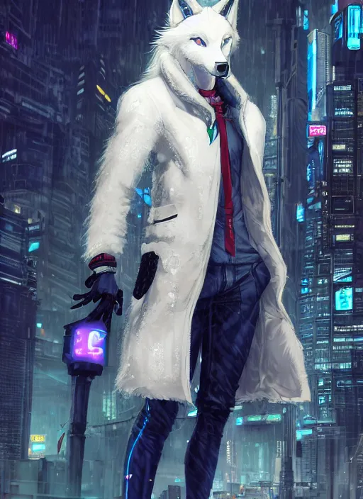 Image similar to character portrait of a male anthro albino wolf fursona with a tail and a cute beautiful attractive detailed furry face wearing stylish cyberpunk clothes in a cyberpunk city at night while it rains. hidari, color page, tankoban, 4K, tone mapping, Akihiko Yoshida.