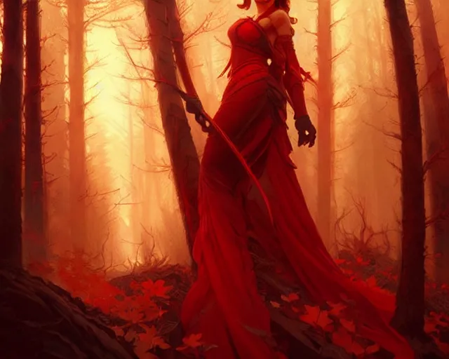 Prompt: red forest, fire, deep focus, d & d, fantasy, intricate, elegant, highly detailed, digital painting, artstation, concept art, matte, sharp focus, illustration, hearthstone, art by artgerm and greg rutkowski and alphonse mucha