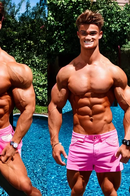 Image similar to very buff male fitness model, Jeff Seid as Ken with blonde hair, muscular, wearing a pink cut-off 90s styled crop top and jeans, by a swimming pool, shiny metallic glossy skin