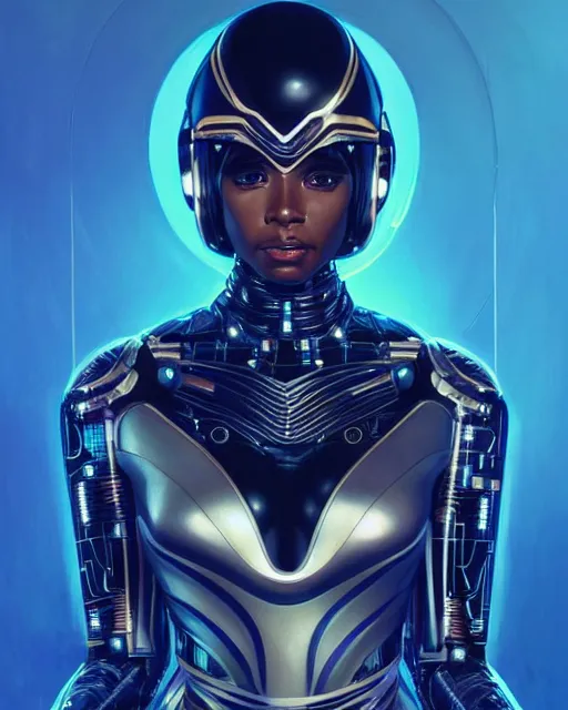 Image similar to Portrait of very very very very very very beautiful black woman, spacesuit, futuristic cybernetic helmet, blue eyes, real life skin, intricate, elegant, highly detailed, artstation, concept art, smooth, sharp focus, art by artgerm and greg rutkowski and alphonse mucha