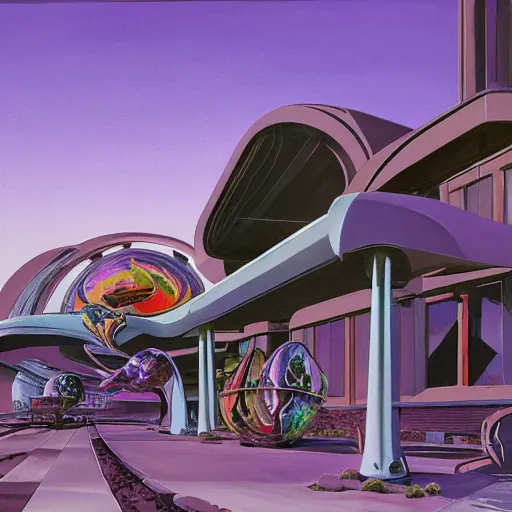 Prompt: painting of syd mead artlilery scifi organic shaped motel with ornate metal work lands on a sidewalk, fossil ornaments, volumetric lights, purple sun