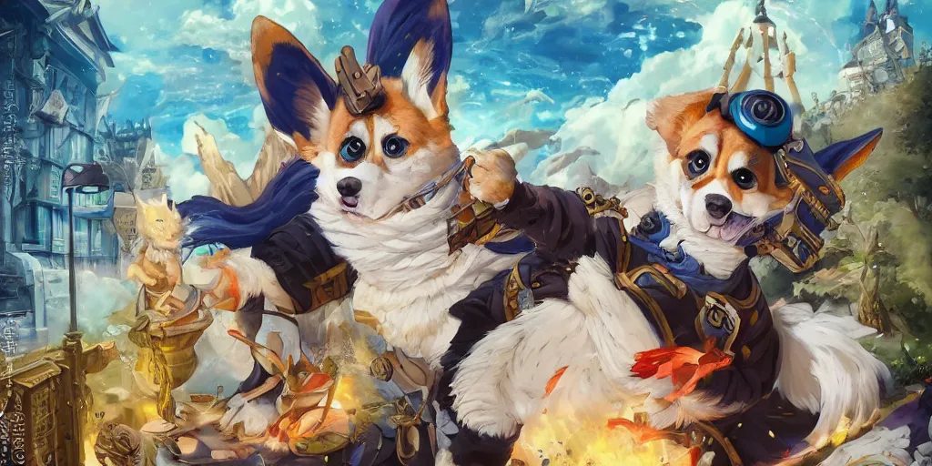 Image similar to beautiful painting of fantasy anime corgi isekai, by Tristan Eaton, James Gurney, greg rutkowski. trending on Artstation, 8k, masterpiece, graffiti paint, fine detail, full of color, intricate detail, golden ratio illustration, corgi