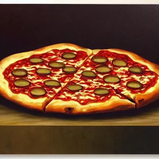 Prompt: A piece of holy pizza, painting in a museum