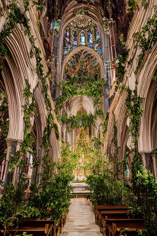 Prompt: photo inside a cathedral overgrown by lush plants, ornate highly detailed intricate