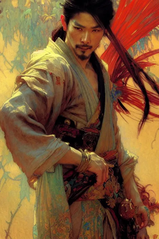 Image similar to attractive man, wuxia, colorful, painting by gaston bussiere, craig mullins, greg rutkowski, alphonse mucha