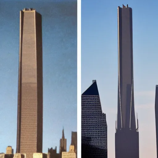 Prompt: the twin towers transformed into giant robots with arms and legs