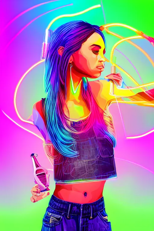 Image similar to a award winning half body portrait of a beautiful woman with stunning eyes in a croptop and cargo pants with rainbow colored ombre hairstyle head in motion and hair flying by thomas danthony, outlined by whirling illuminated neon lines, microphone, outrun, vaporware, shaded flat illustration, digital art, trending on artstation, highly detailed, fine detail, intricate