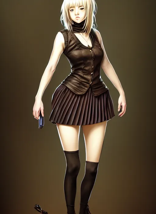 Image similar to portrait of a full body of beautiful young female detective, d & d, sleeveless turtleneck, pleated skirt, fantasy, flat lighting, intricate, highly detailed, digital painting, artstation, concept art, smooth, sharp focus, illustration, misa amane, art by simon bisley and greg rutkowski and alphonse mucha, natural tpose