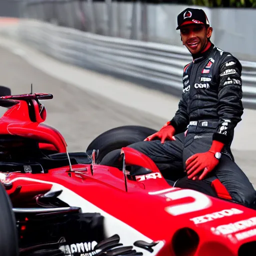 Prompt: lewis hamilton and a red honda forza 7 5 0