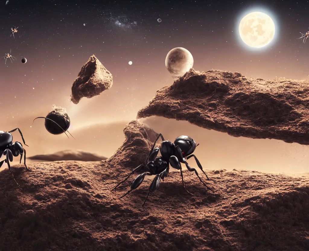 Prompt: black ant astronaut repairing its space nest craft with the earth and the moon in background, and shooting stars, aesthetic octane render, hyperrealistic, focused, extreme details, masterpiece, 8 k, ultrahd, hd resolution