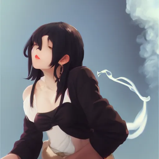 Image similar to black hair woman smoking a cigarette by krenz cushart stu dts yoshiku wlop, white smoke, cinematic lighting, back lit, chromatic aberration, white smoke, trending on ArtStation Pixiv